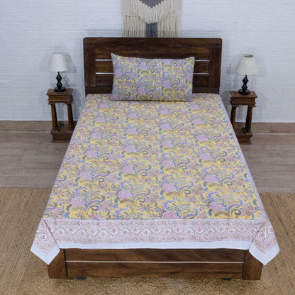Indian Handmade Block Printed Yellow and Pink Floral Pattern Cotton Bed sheet For living Room, Kids Room - My Store