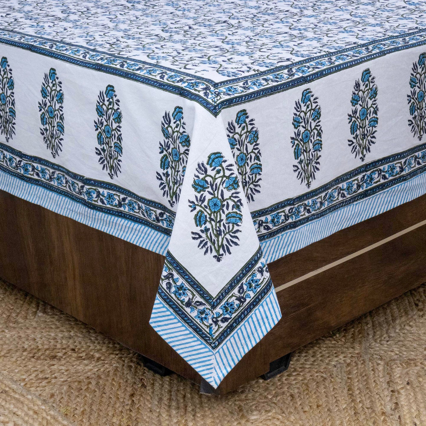 Indian Handmade Block Printed Blue and White Floral Pattern Cotton Bed sheet For living Room, Kids Room - My Store