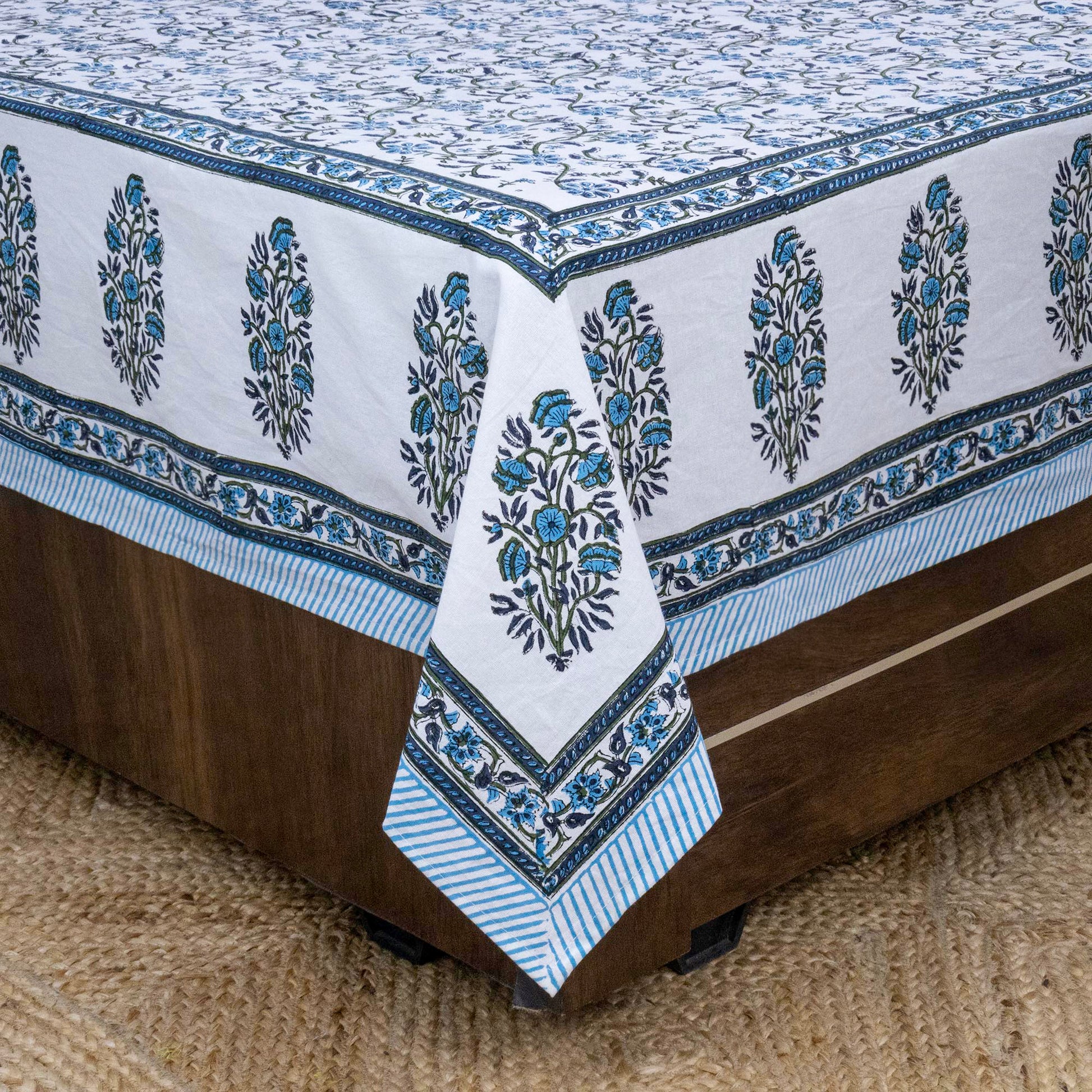 Indian Handmade Block Printed Blue and White Floral Pattern Cotton Bed sheet For living Room, Kids Room - My Store