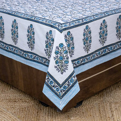 Indian Handmade Block Printed Blue and White Floral Pattern Cotton Bed sheet For living Room, Kids Room - My Store