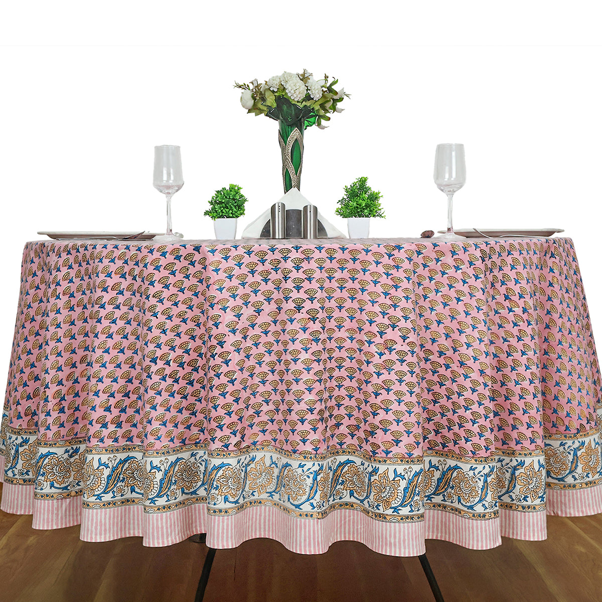 Pink and Blue Handmade Block Printed Cotton Tablecloth - My Store
