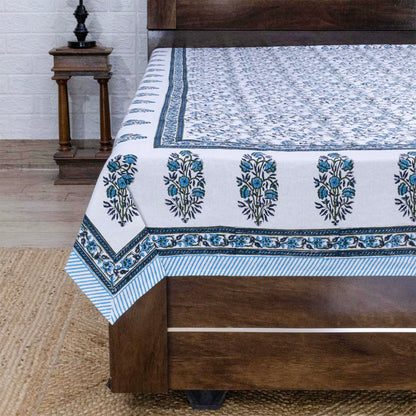 Indian Handmade Block Printed Blue and White Floral Pattern Cotton Bed sheet For living Room, Kids Room - My Store