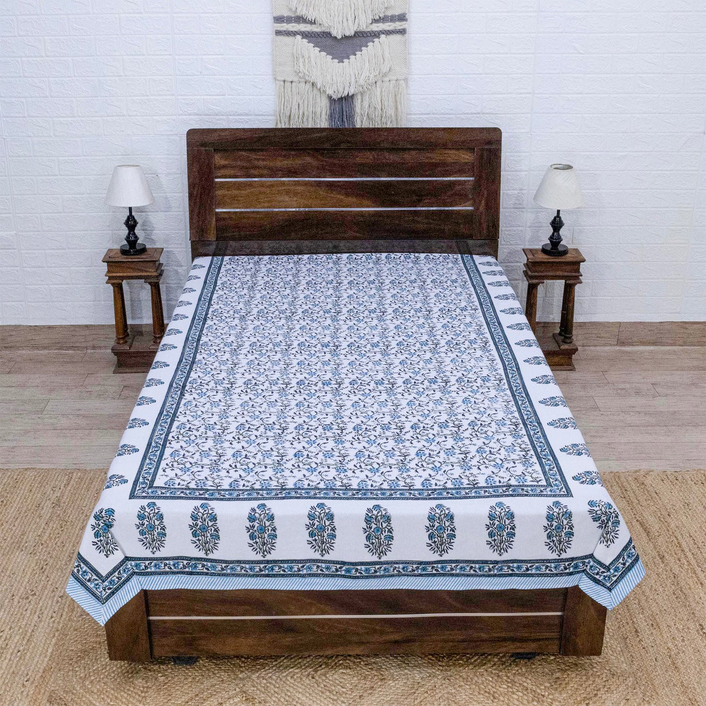 Indian Handmade Block Printed Blue and White Floral Pattern Cotton Bed sheet For living Room, Kids Room - My Store