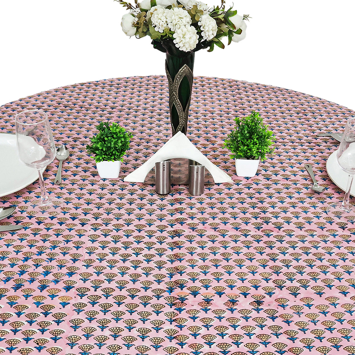 Pink and Blue Handmade Block Printed Cotton Tablecloth - My Store
