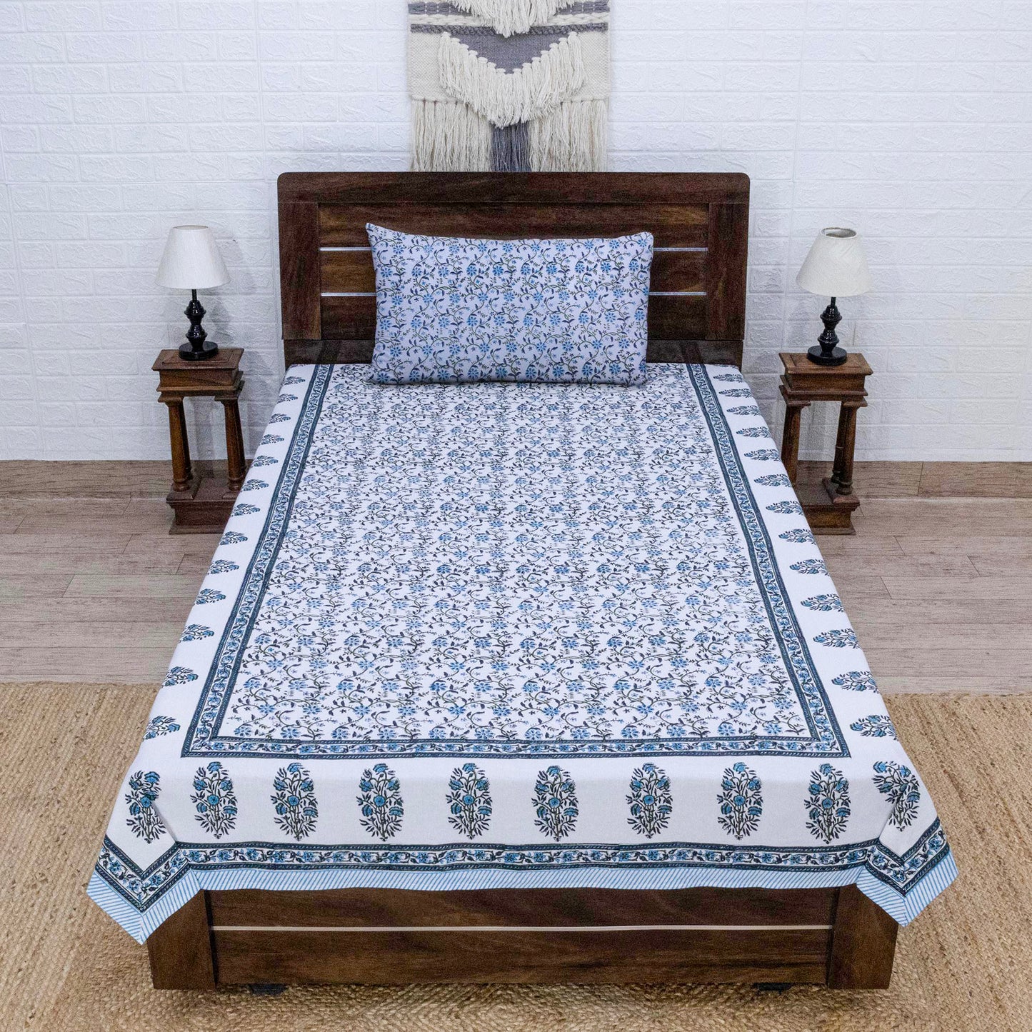 Indian Handmade Block Printed Blue and White Floral Pattern Cotton Bed sheet For living Room, Kids Room - My Store