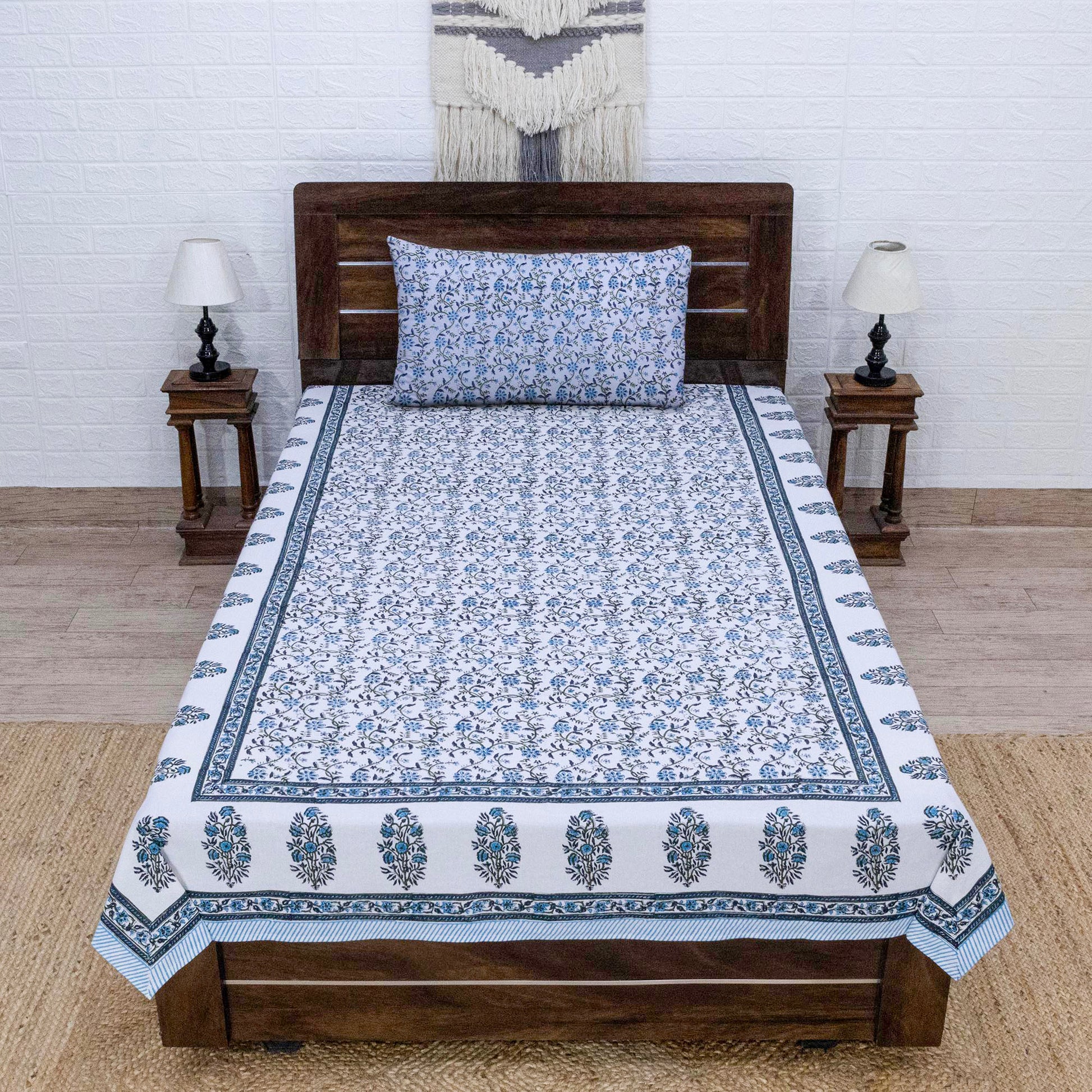 Indian Handmade Block Printed Blue and White Floral Pattern Cotton Bed sheet For living Room, Kids Room - My Store