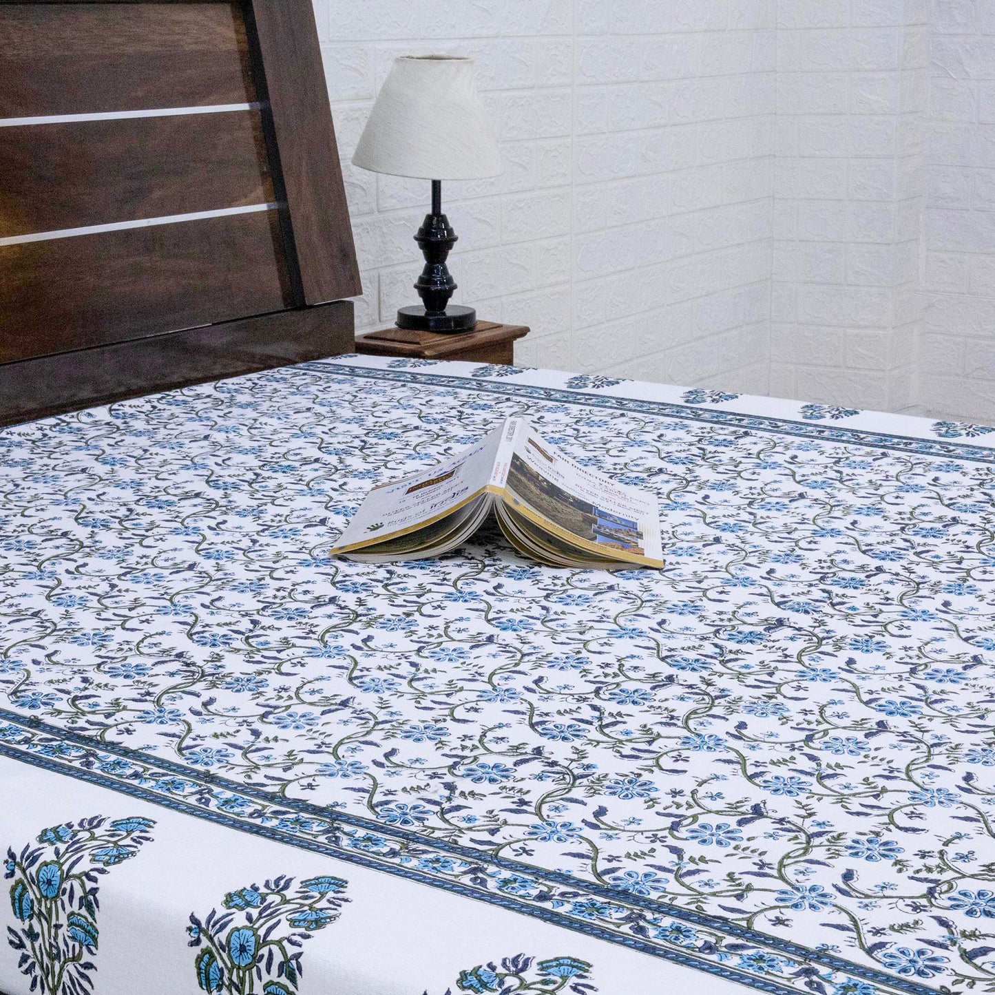 Indian Handmade Block Printed Blue and White Floral Pattern Cotton Bed sheet For living Room, Kids Room - My Store