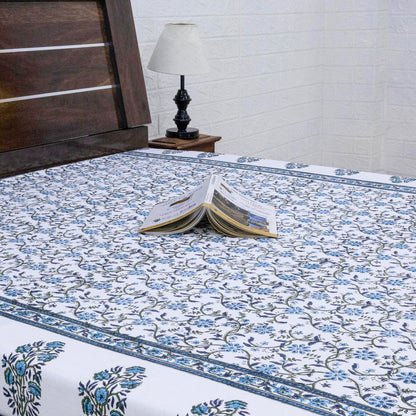 Indian Handmade Block Printed Blue and White Floral Pattern Cotton Bed sheet For living Room, Kids Room - My Store