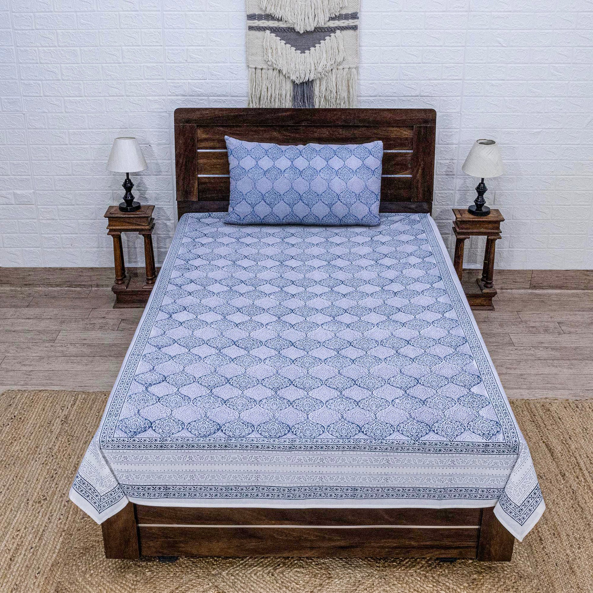 Indian Handmade Block Printed Blue and Gray Floral Pattern Cotton Bed sheet For living Room, Kids Room - My Store