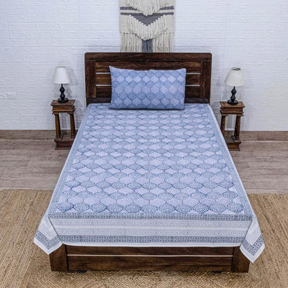 Indian Handmade Block Printed Blue and Gray Floral Pattern Cotton Bed sheet For living Room, Kids Room - My Store