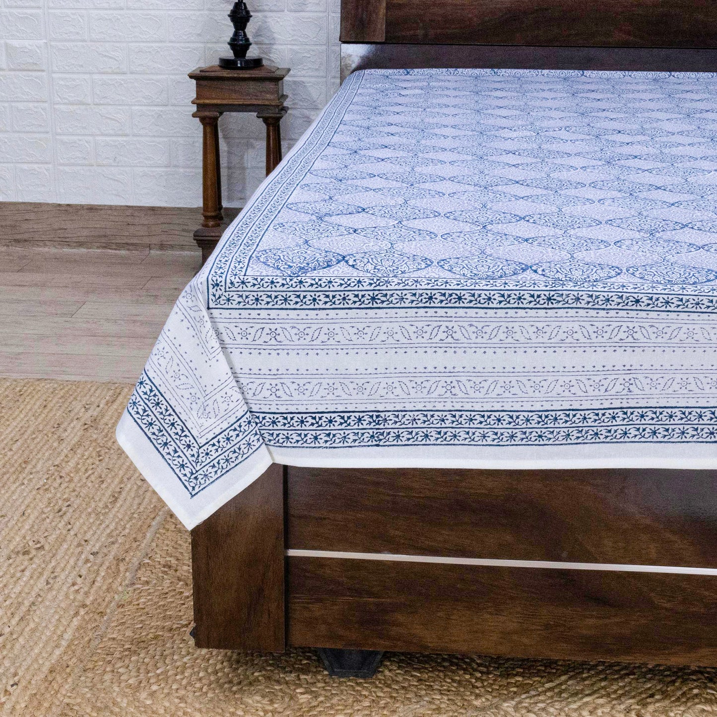 Indian Handmade Block Printed Blue and Gray Floral Pattern Cotton Bed sheet For living Room, Kids Room - My Store