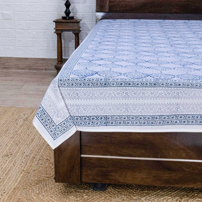 Indian Handmade Block Printed Blue and Gray Floral Pattern Cotton Bed sheet For living Room, Kids Room - My Store