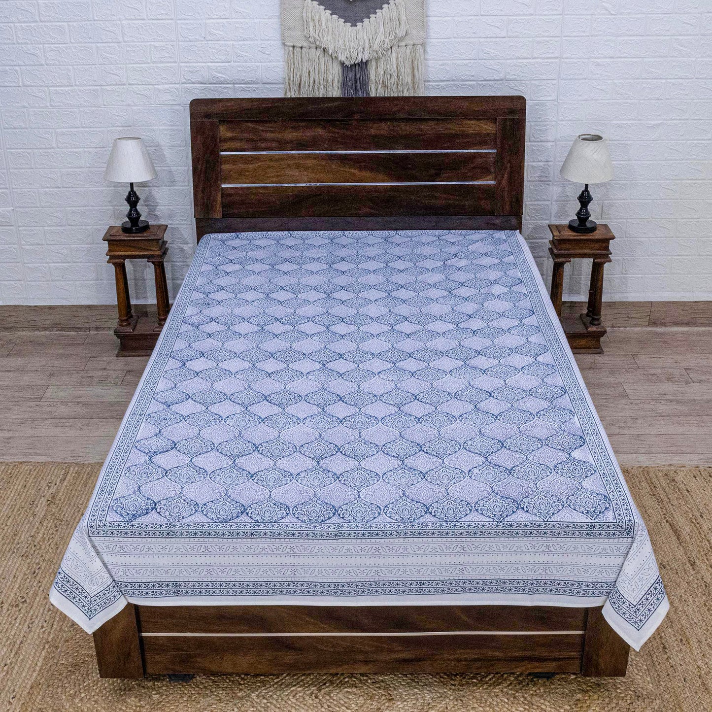 Indian Handmade Block Printed Blue and Gray Floral Pattern Cotton Bed sheet For living Room, Kids Room - My Store