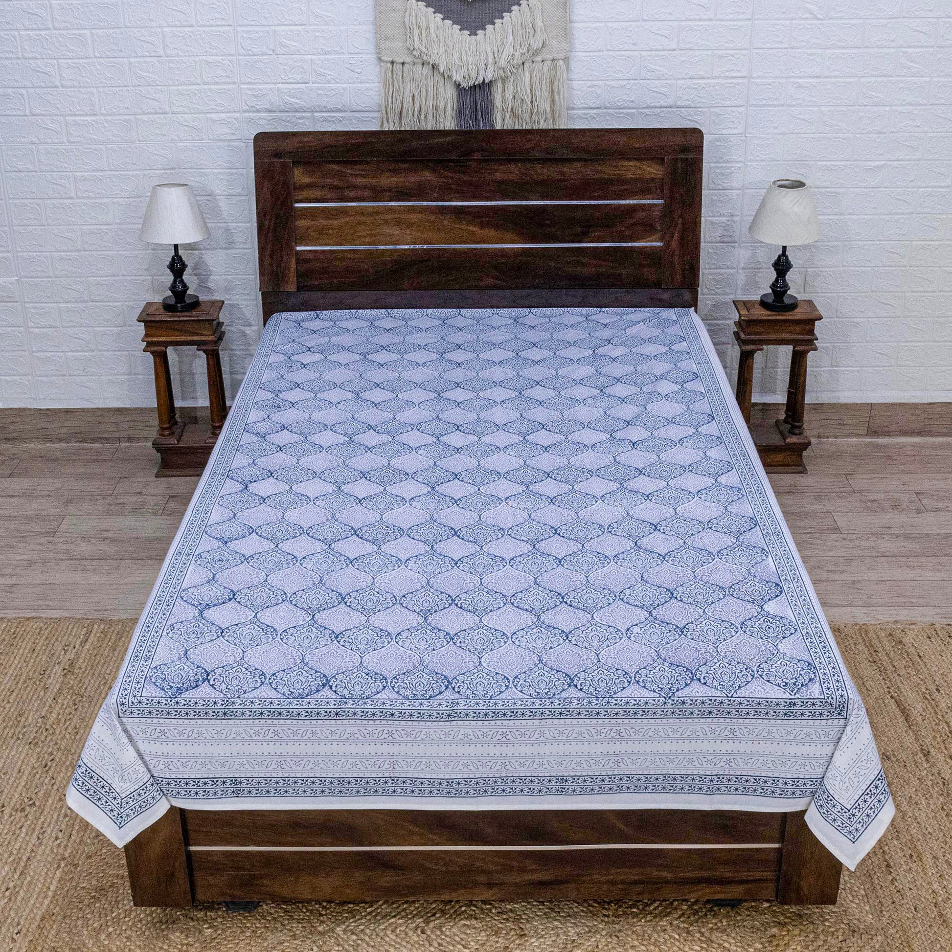 Indian Handmade Block Printed Blue and Gray Floral Pattern Cotton Bed sheet For living Room, Kids Room - My Store