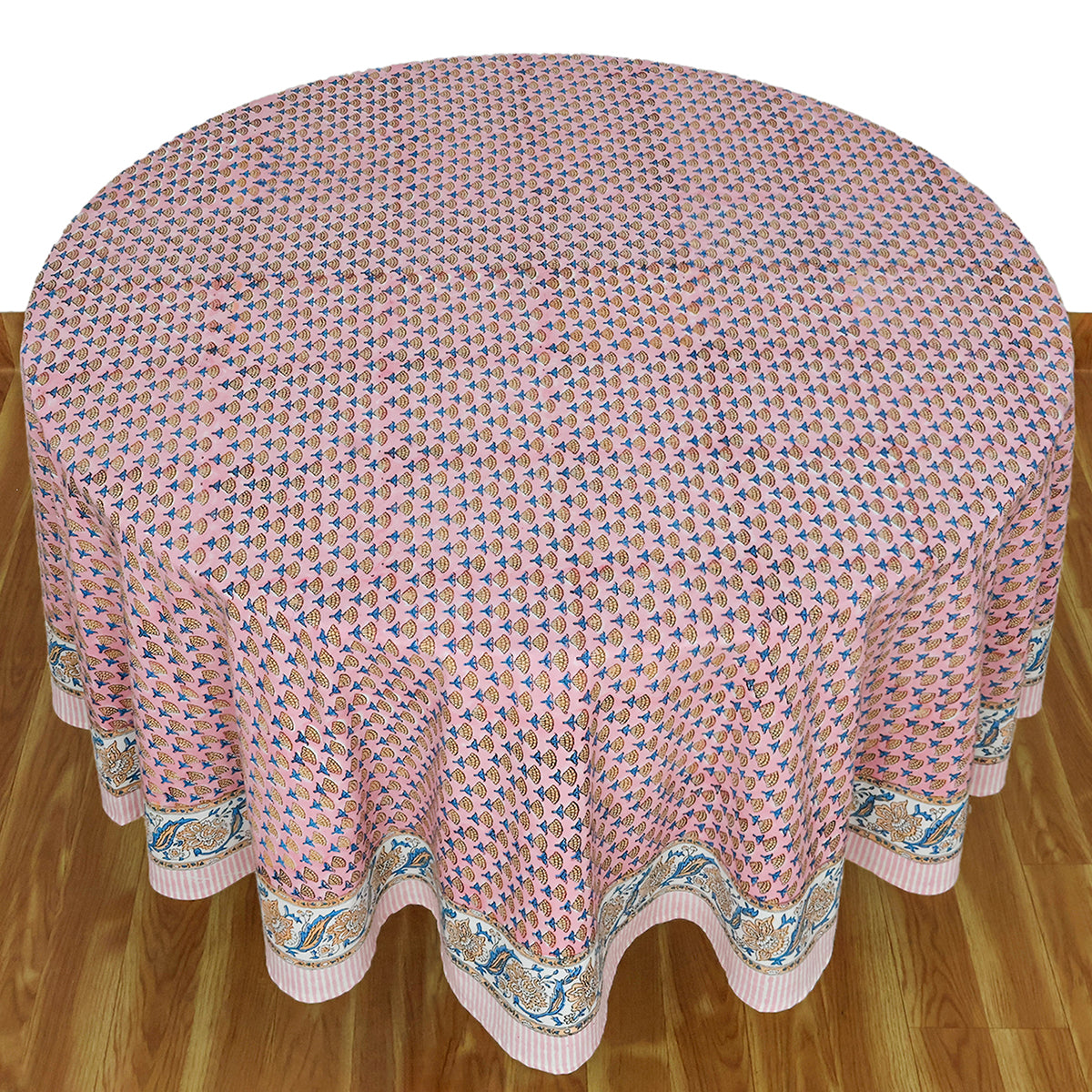 Pink and Blue Handmade Block Printed Cotton Tablecloth - My Store