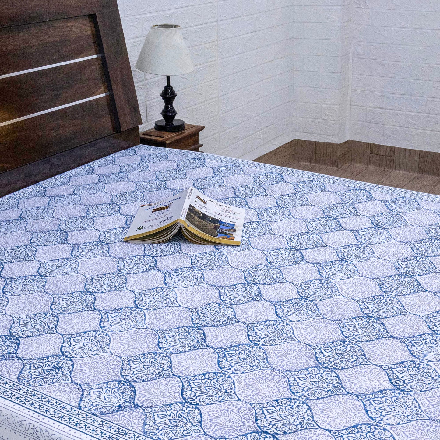 Indian Handmade Block Printed Blue and Gray Floral Pattern Cotton Bed sheet For living Room, Kids Room - My Store