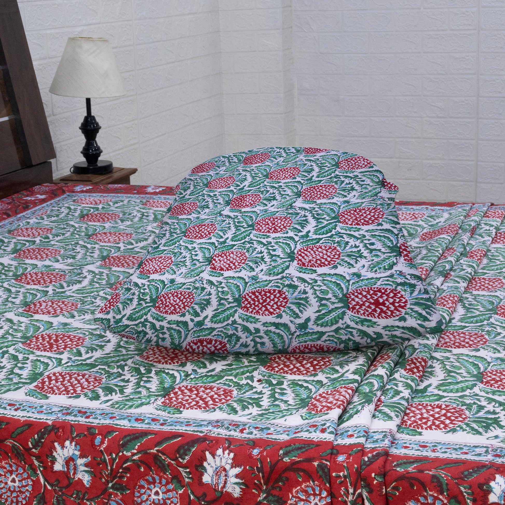 Indian Handmade Block Printed Green and Red Floral Pattern Cotton Bed sheet For living Room, Kids Room - My Store