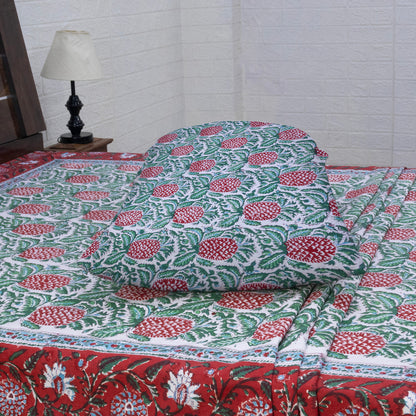 Indian Handmade Block Printed Green and Red Floral Pattern Cotton Bed sheet For living Room, Kids Room - My Store