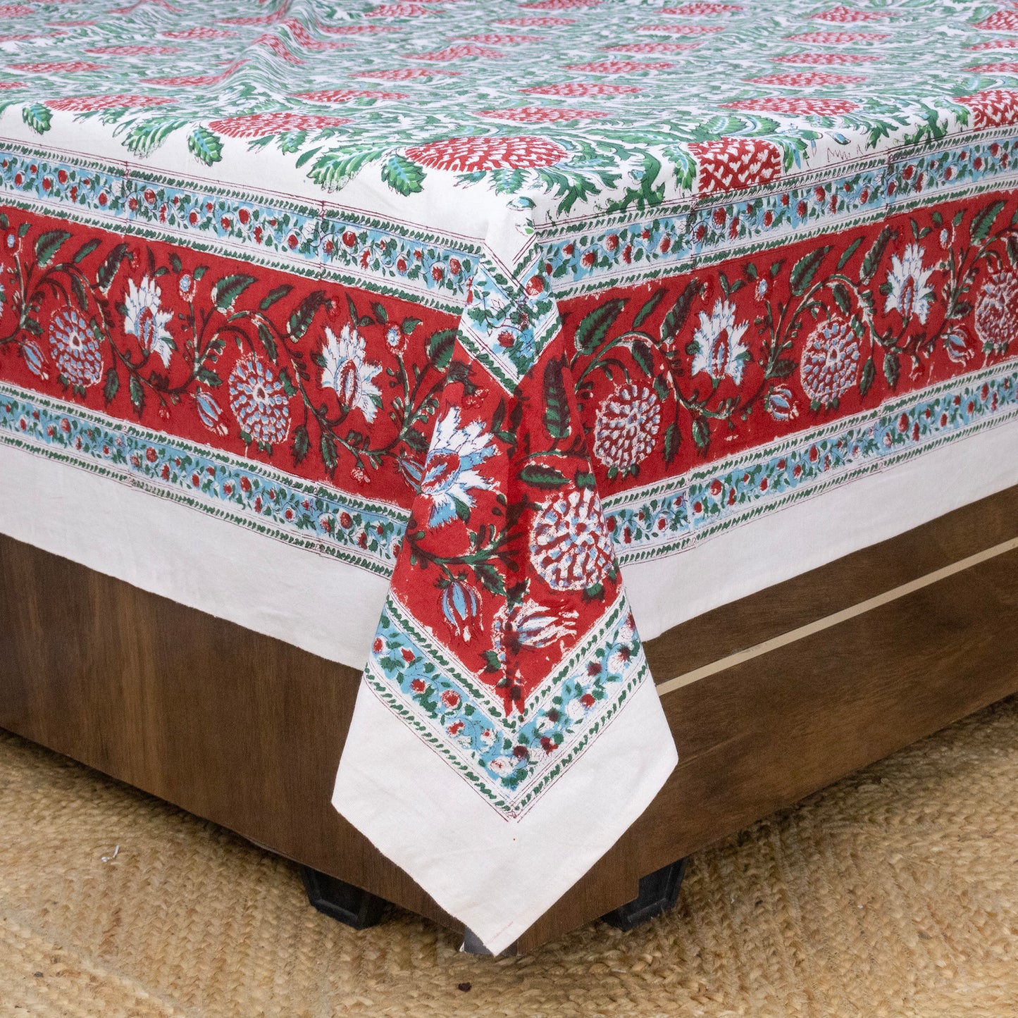 Indian Handmade Block Printed Green and Red Floral Pattern Cotton Bed sheet For living Room, Kids Room - My Store