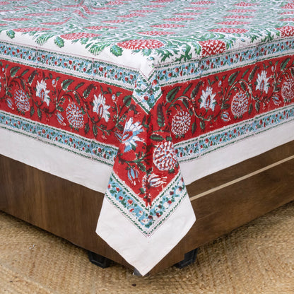 Indian Handmade Block Printed Green and Red Floral Pattern Cotton Bed sheet For living Room, Kids Room - My Store