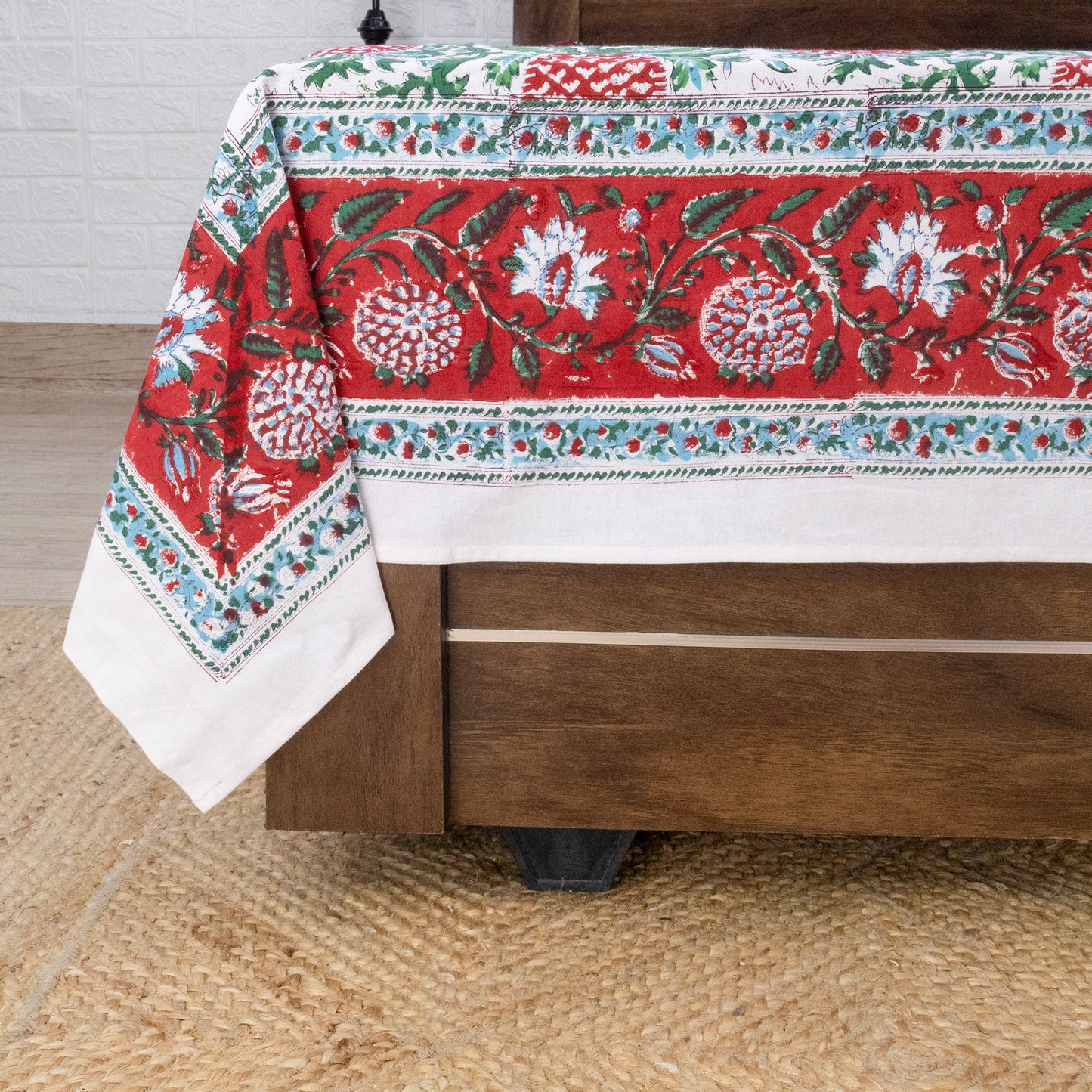 Indian Handmade Block Printed Green and Red Floral Pattern Cotton Bed sheet For living Room, Kids Room - My Store