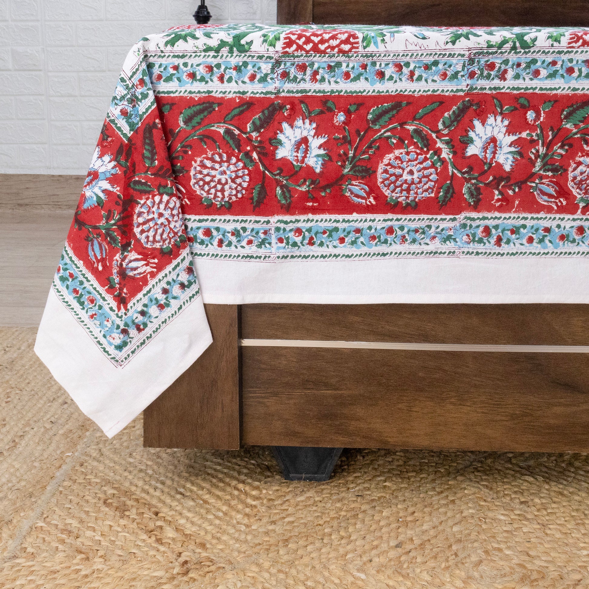 Indian Handmade Block Printed Green and Red Floral Pattern Cotton Bed sheet For living Room, Kids Room - My Store