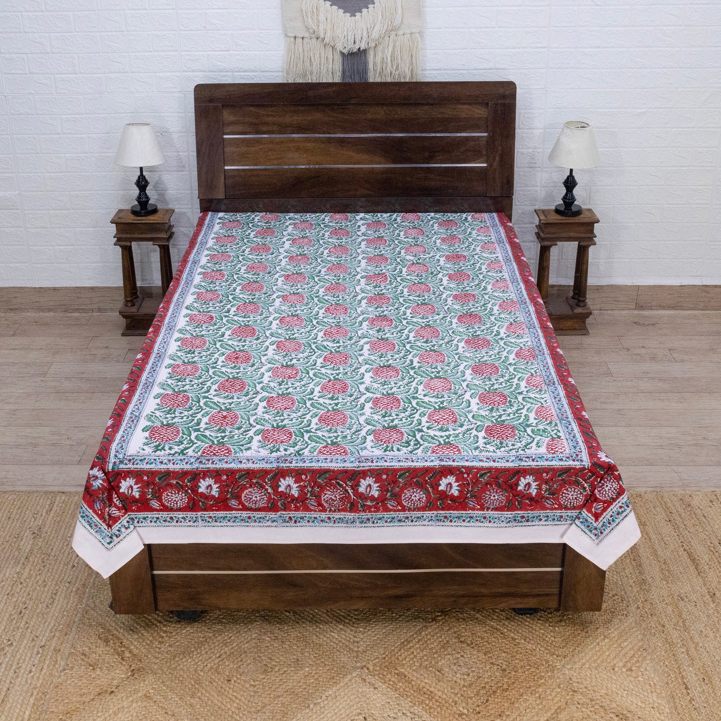 Indian Handmade Block Printed Green and Red Floral Pattern Cotton Bed sheet For living Room, Kids Room - My Store