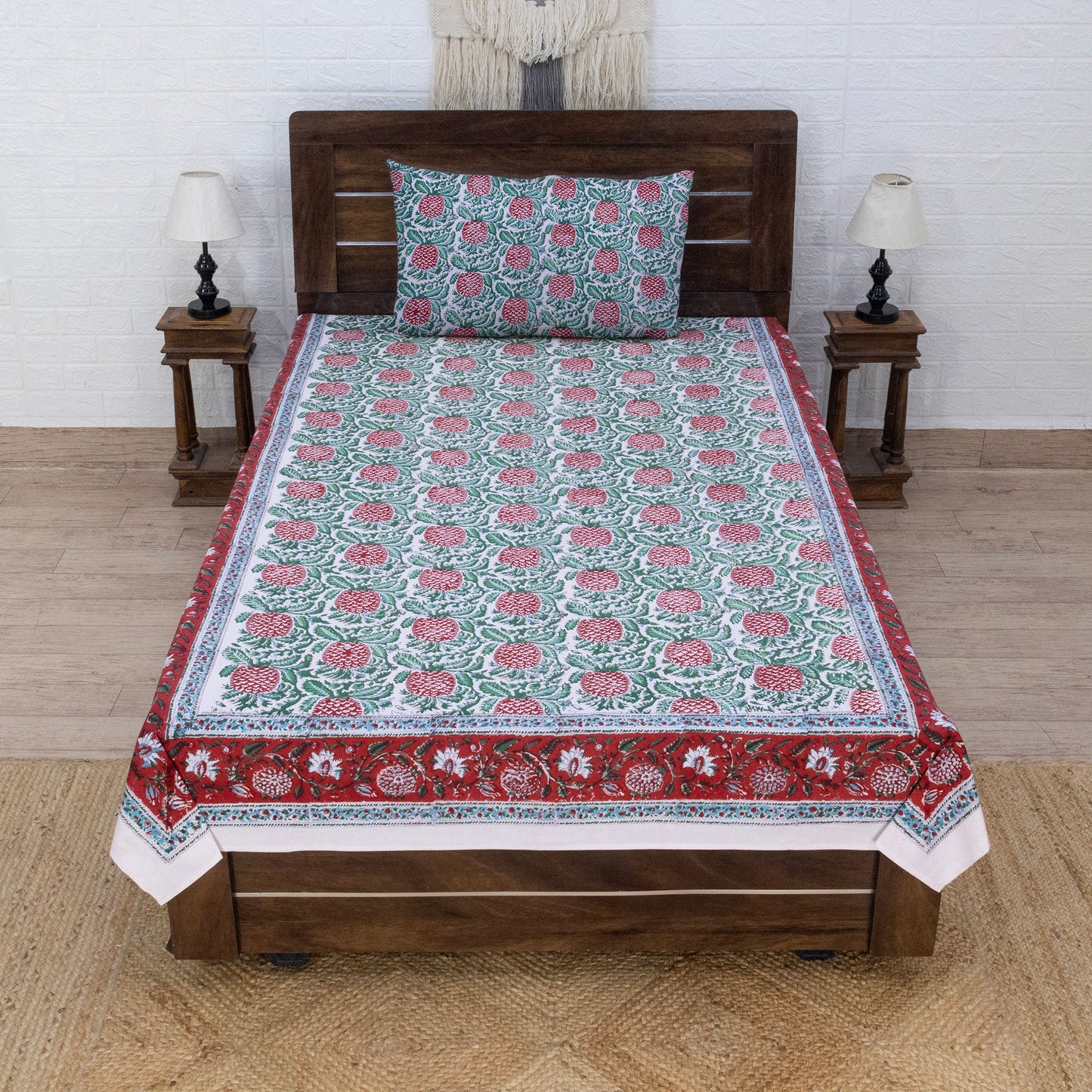 Indian Handmade Block Printed Green and Red Floral Pattern Cotton Bed sheet For living Room, Kids Room - My Store