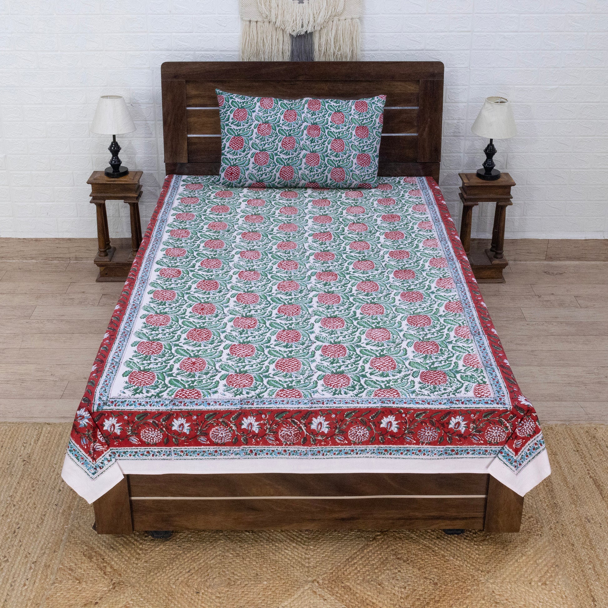 Indian Handmade Block Printed Green and Red Floral Pattern Cotton Bed sheet For living Room, Kids Room - My Store