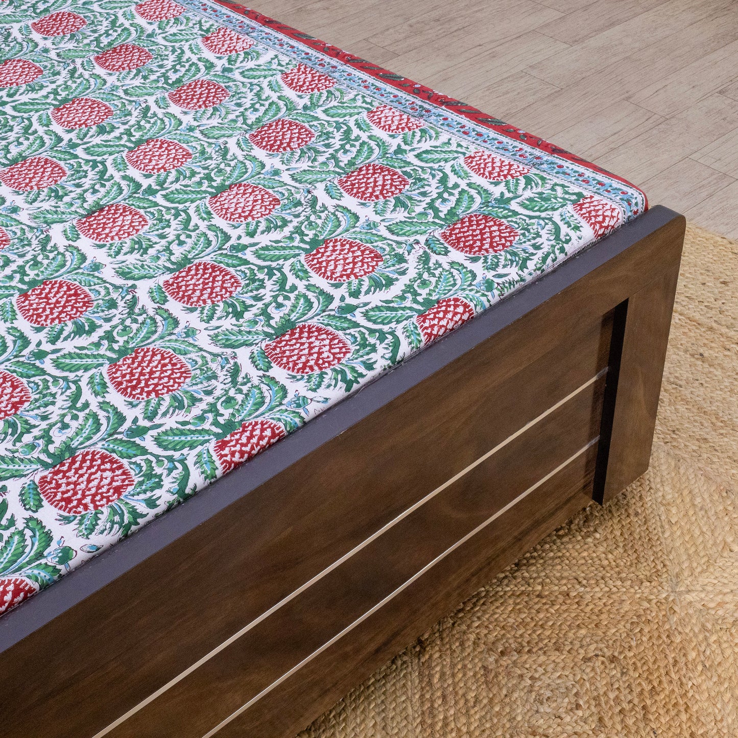 Indian Handmade Block Printed Green and Red Floral Pattern Cotton Bed sheet For living Room, Kids Room - My Store