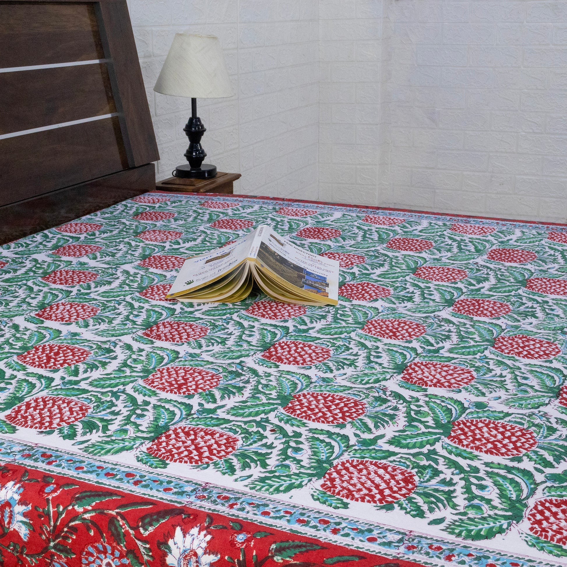 Indian Handmade Block Printed Green and Red Floral Pattern Cotton Bed sheet For living Room, Kids Room - My Store