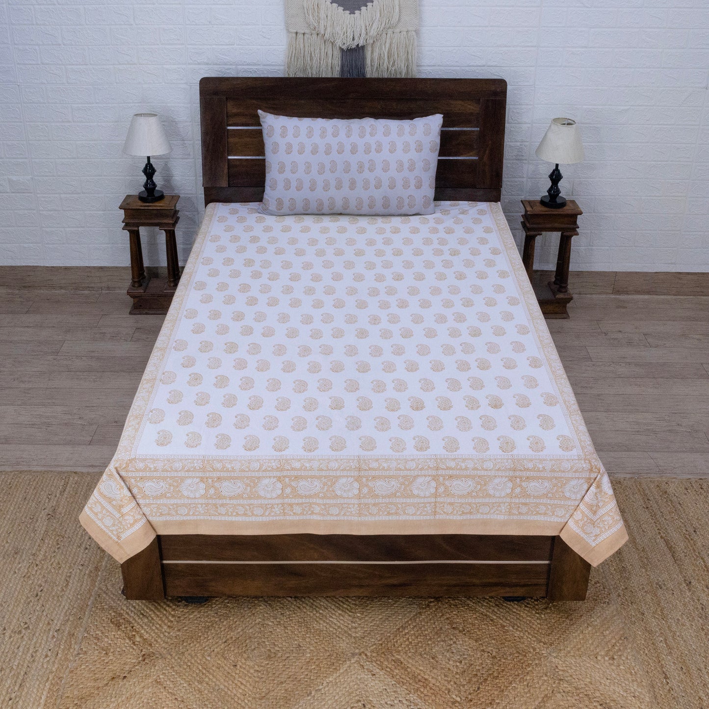 Cotton Bedsheet – Hand Block Floral Print – Peach and White – King, Queen, Twin Sizes - My Store