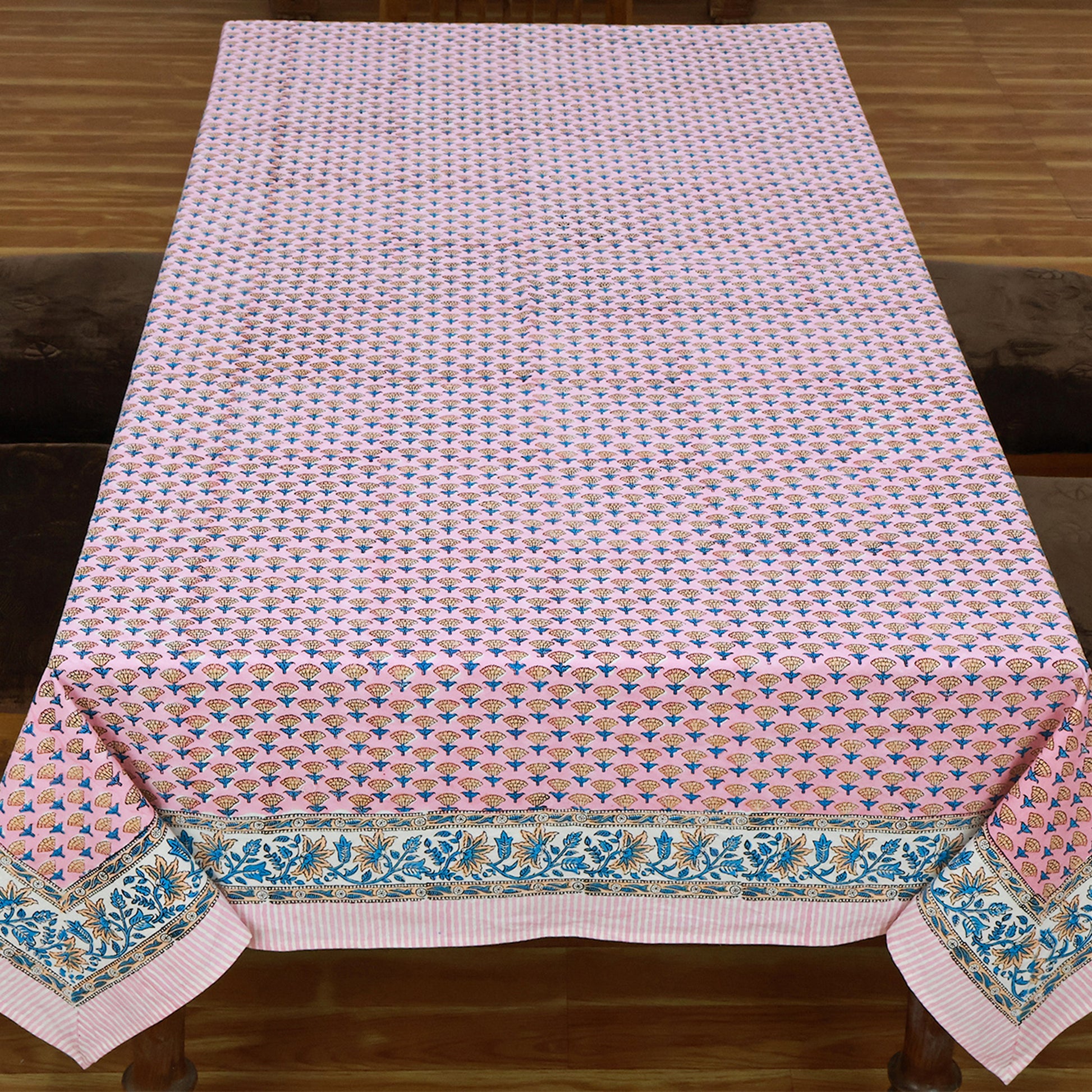 Indian Block Printed Pink Blue Tablecloth For Dinning Table Decor - My Store