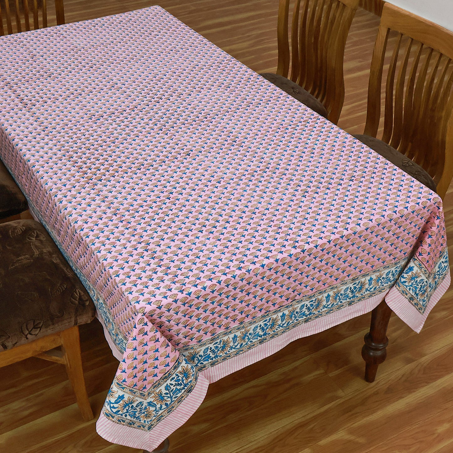 Indian Block Printed Pink Blue Tablecloth For Dinning Table Decor - My Store