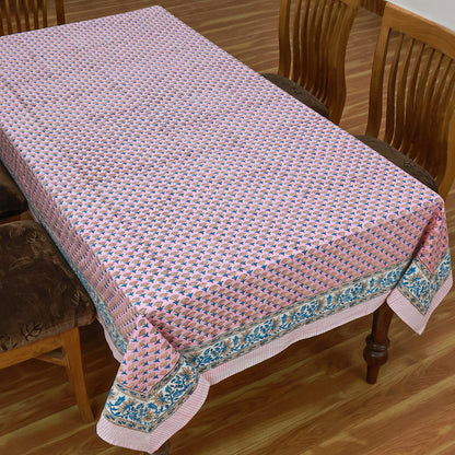 Indian Block Printed Pink Blue Tablecloth For Dinning Table Decor - My Store