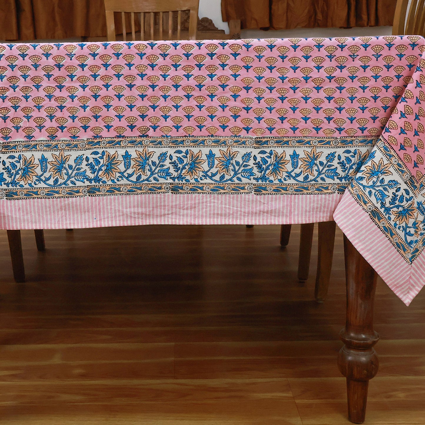 Indian Block Printed Pink Blue Tablecloth For Dinning Table Decor - My Store