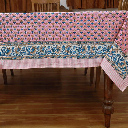 Indian Block Printed Pink Blue Tablecloth For Dinning Table Decor - My Store