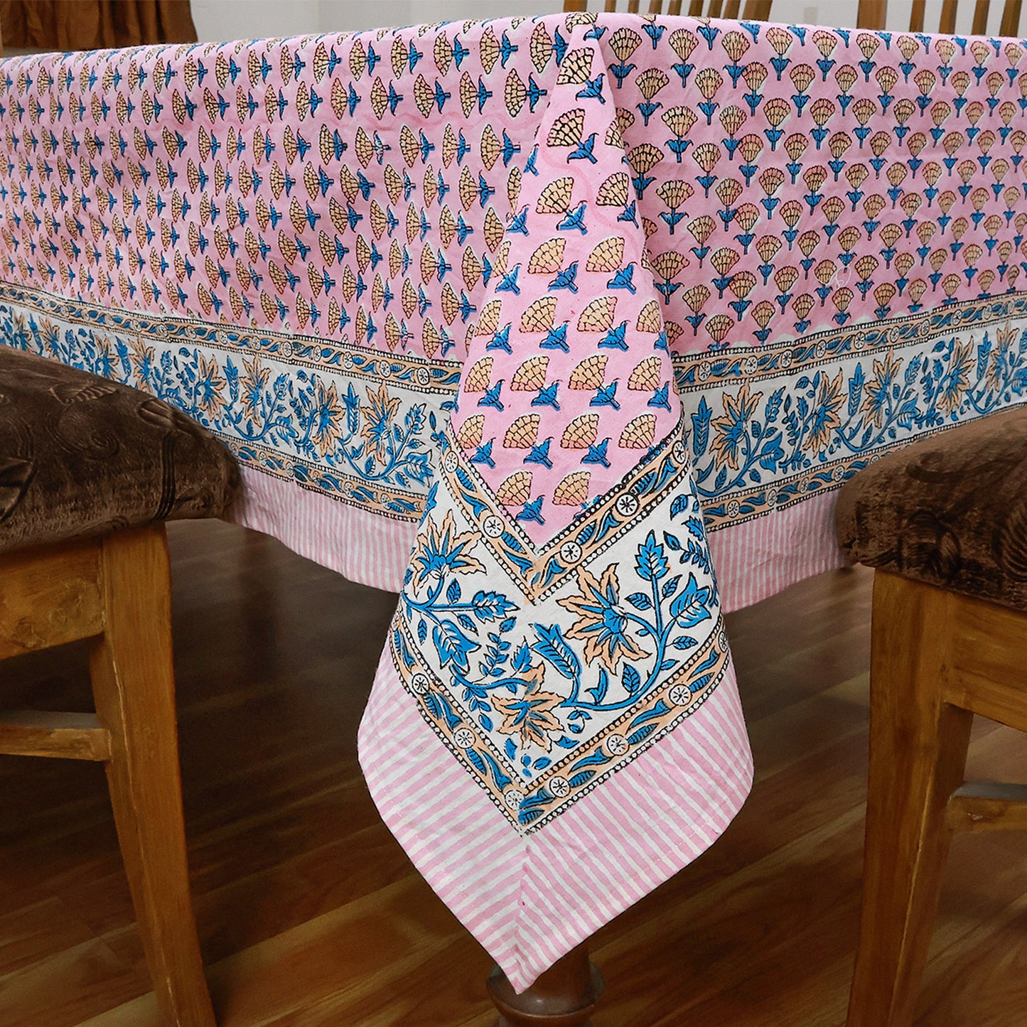 Indian Block Printed Pink Blue Tablecloth For Dinning Table Decor - My Store