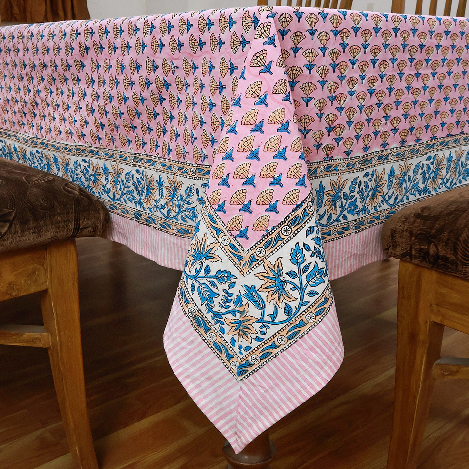 Indian Block Printed Pink Blue Tablecloth For Dinning Table Decor - My Store