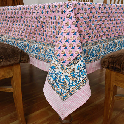 Indian Block Printed Pink Blue Tablecloth For Dinning Table Decor - My Store