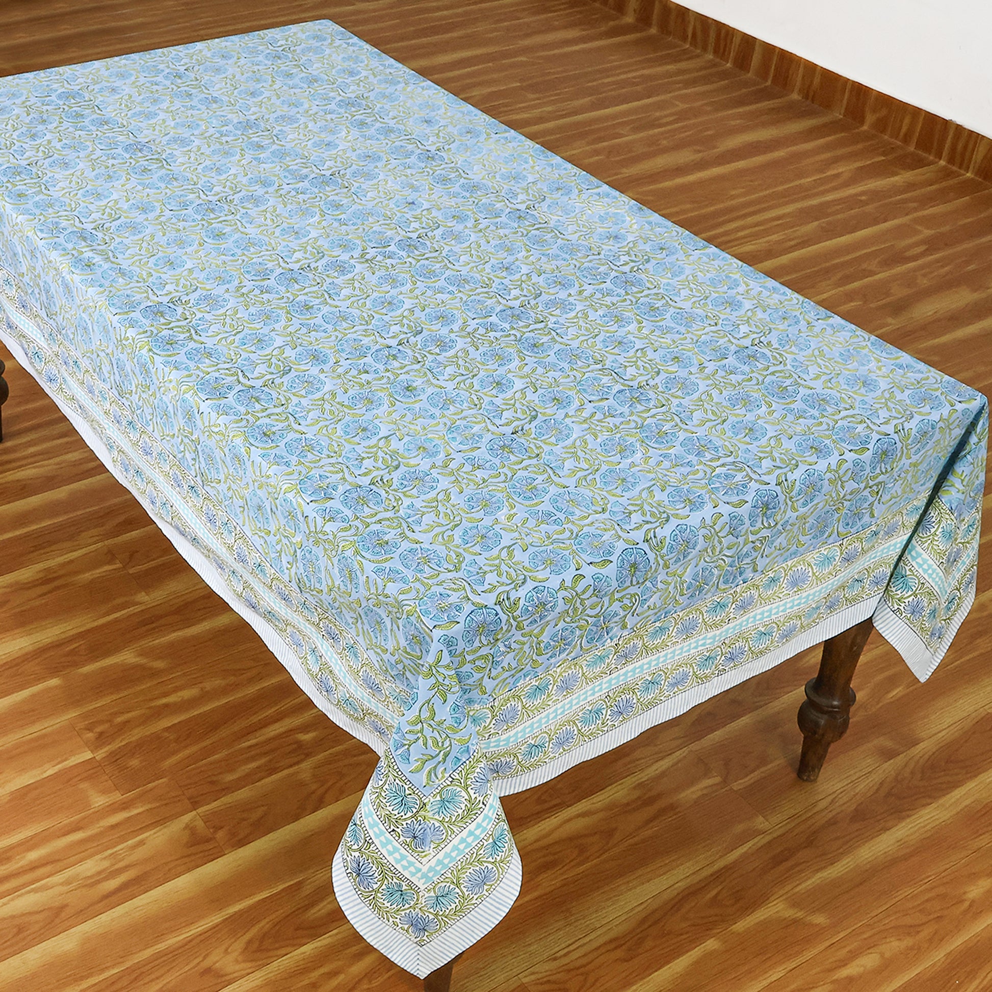 Rectangle Blue Green Hand Block Printed Floral Dinning Table Cover, Tablecloth - My Store