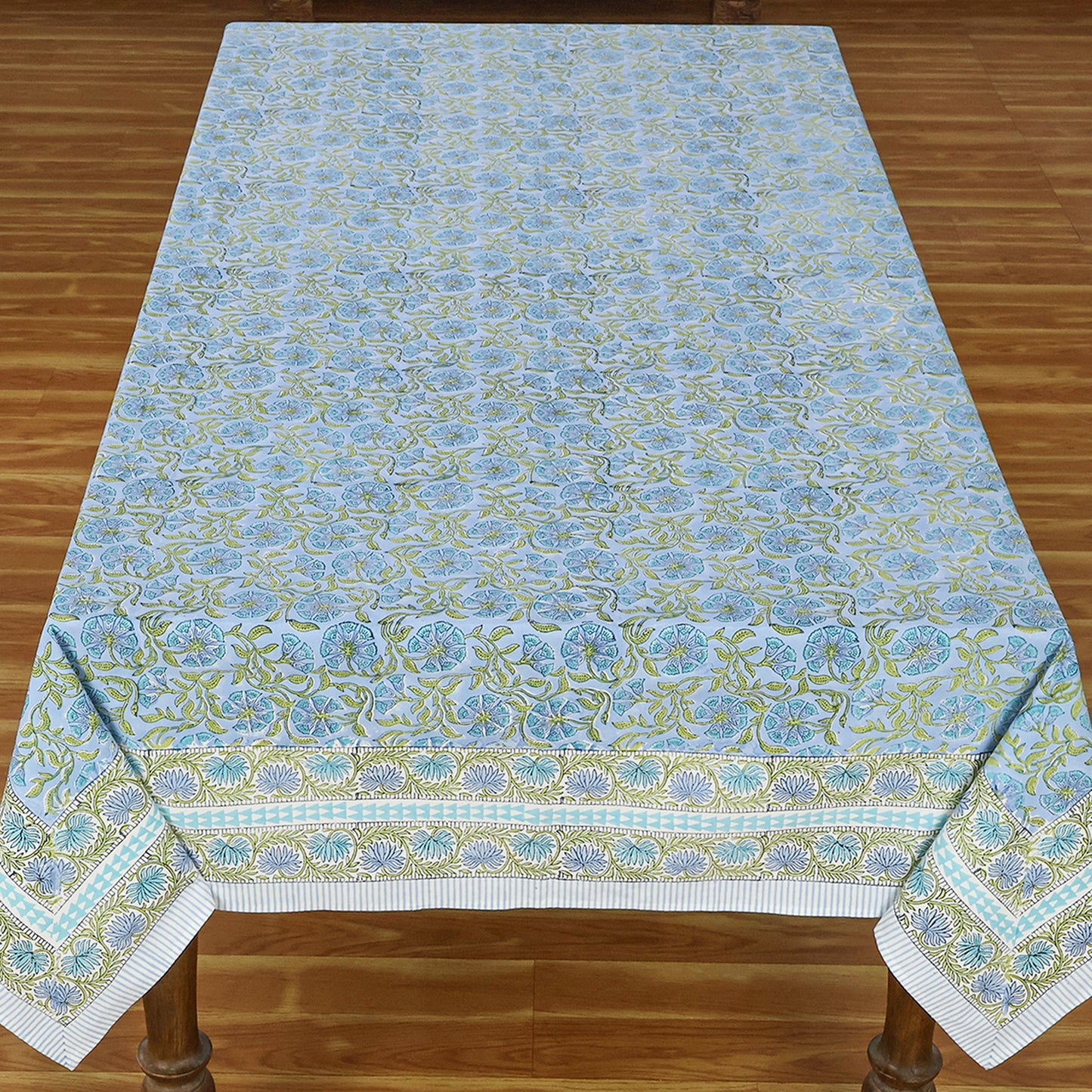 Rectangle Blue Green Hand Block Printed Floral Dinning Table Cover, Tablecloth - My Store