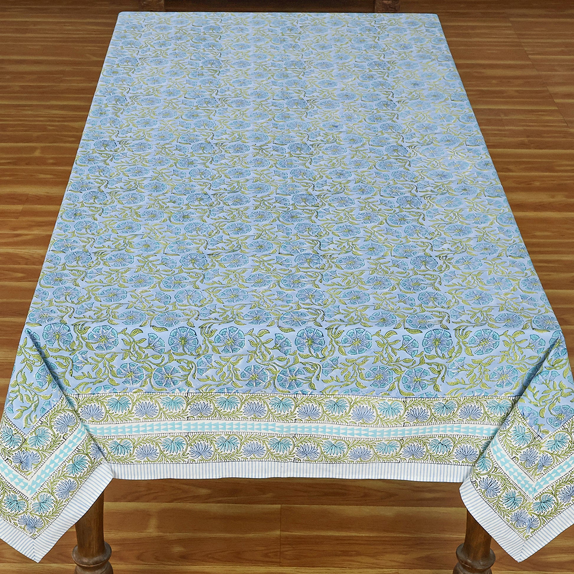 Rectangle Blue Green Hand Block Printed Floral Dinning Table Cover, Tablecloth - My Store