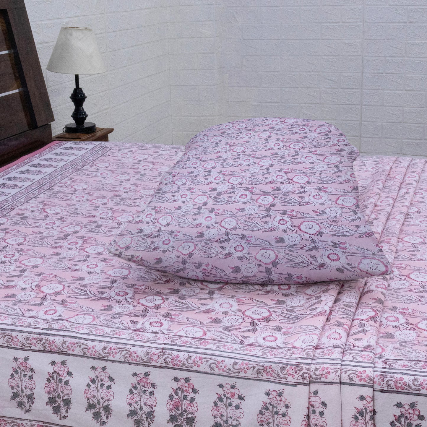 Cotton Bedsheet – Hand Block Floral Print – Pink and White – King, Queen, Twin Sizes - My Store