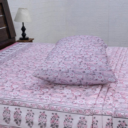 Cotton Bedsheet – Hand Block Floral Print – Pink and White – King, Queen, Twin Sizes - My Store