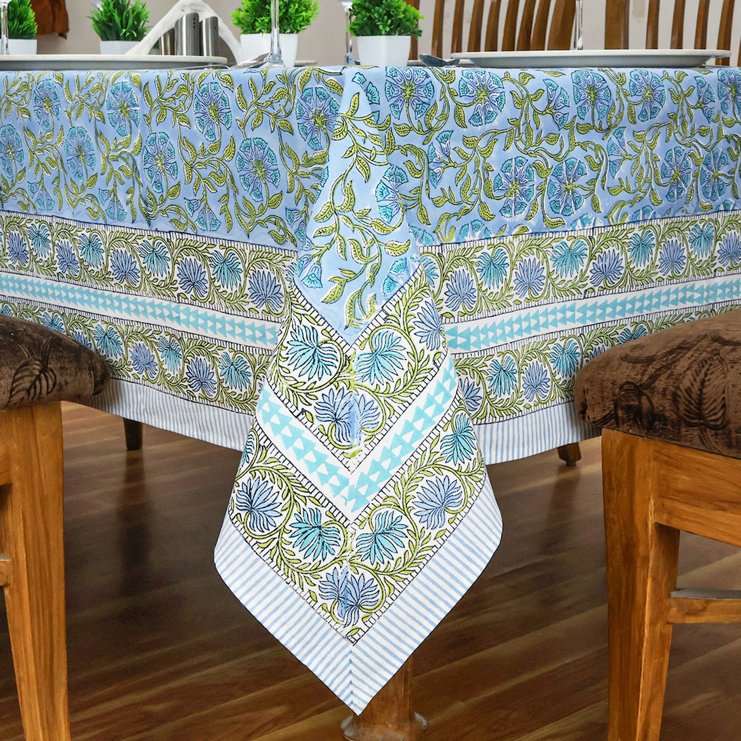 Rectangle Blue Green Hand Block Printed Floral Dinning Table Cover, Tablecloth - My Store