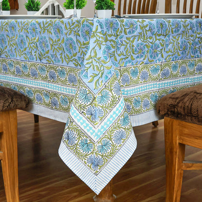 Rectangle Blue Green Hand Block Printed Floral Dinning Table Cover, Tablecloth - My Store