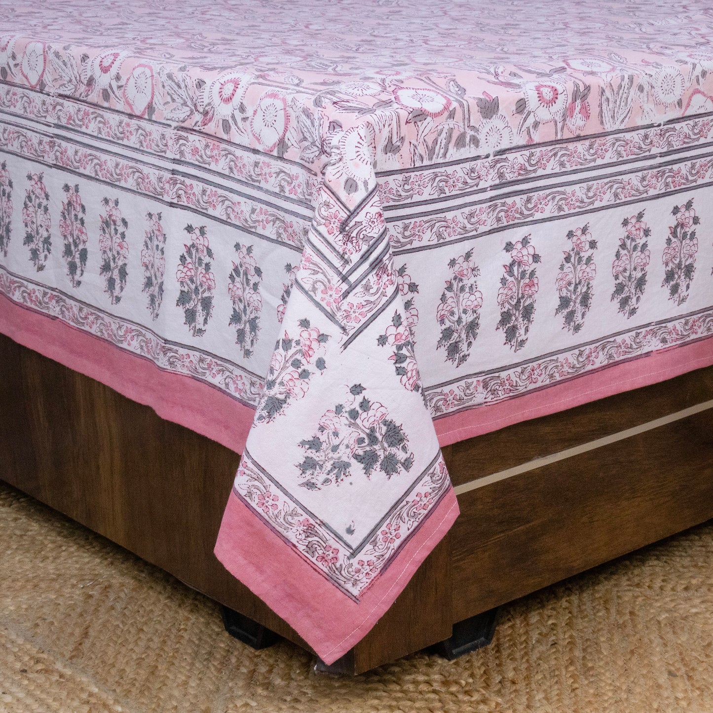 Cotton Bedsheet – Hand Block Floral Print – Pink and White – King, Queen, Twin Sizes - My Store