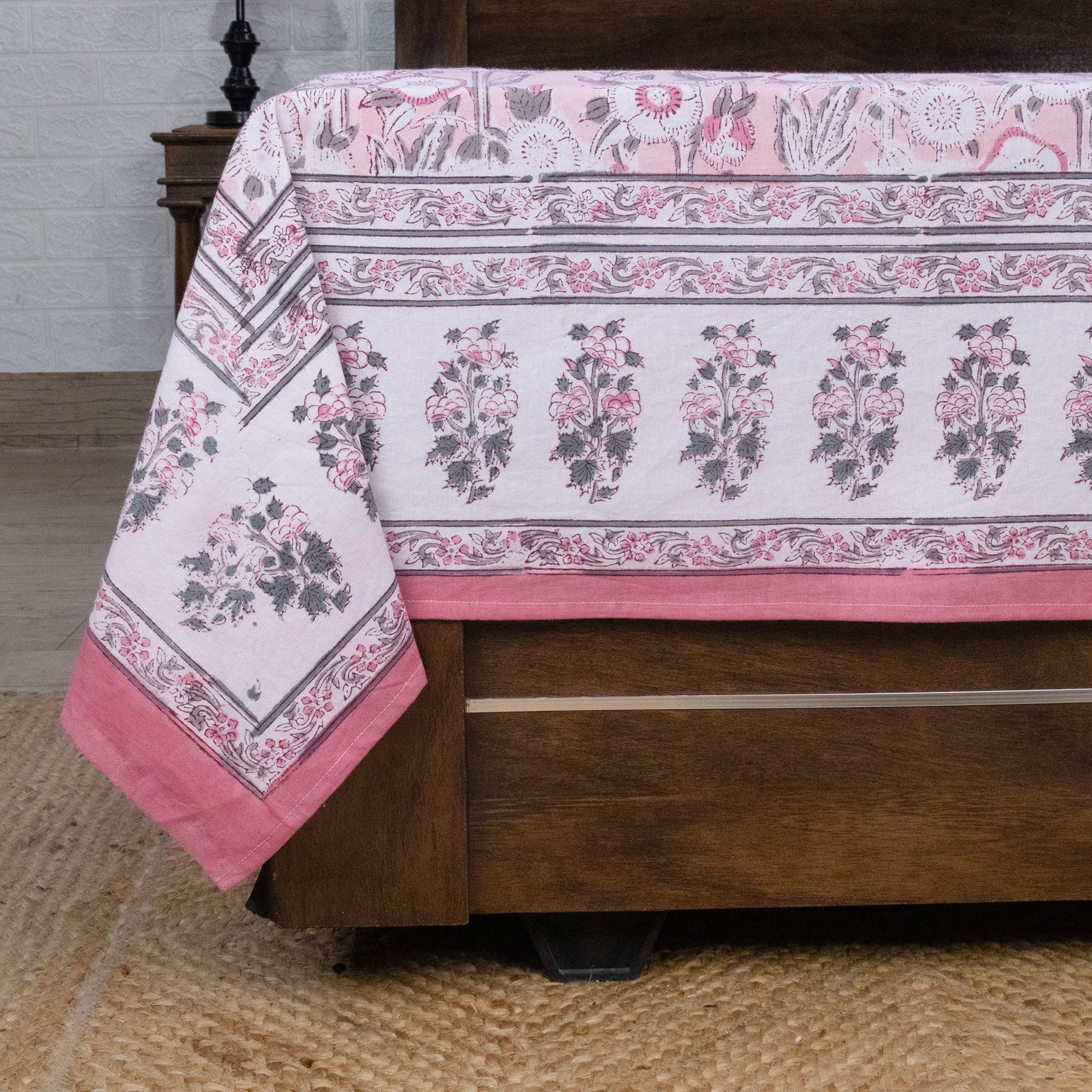Cotton Bedsheet – Hand Block Floral Print – Pink and White – King, Queen, Twin Sizes - My Store