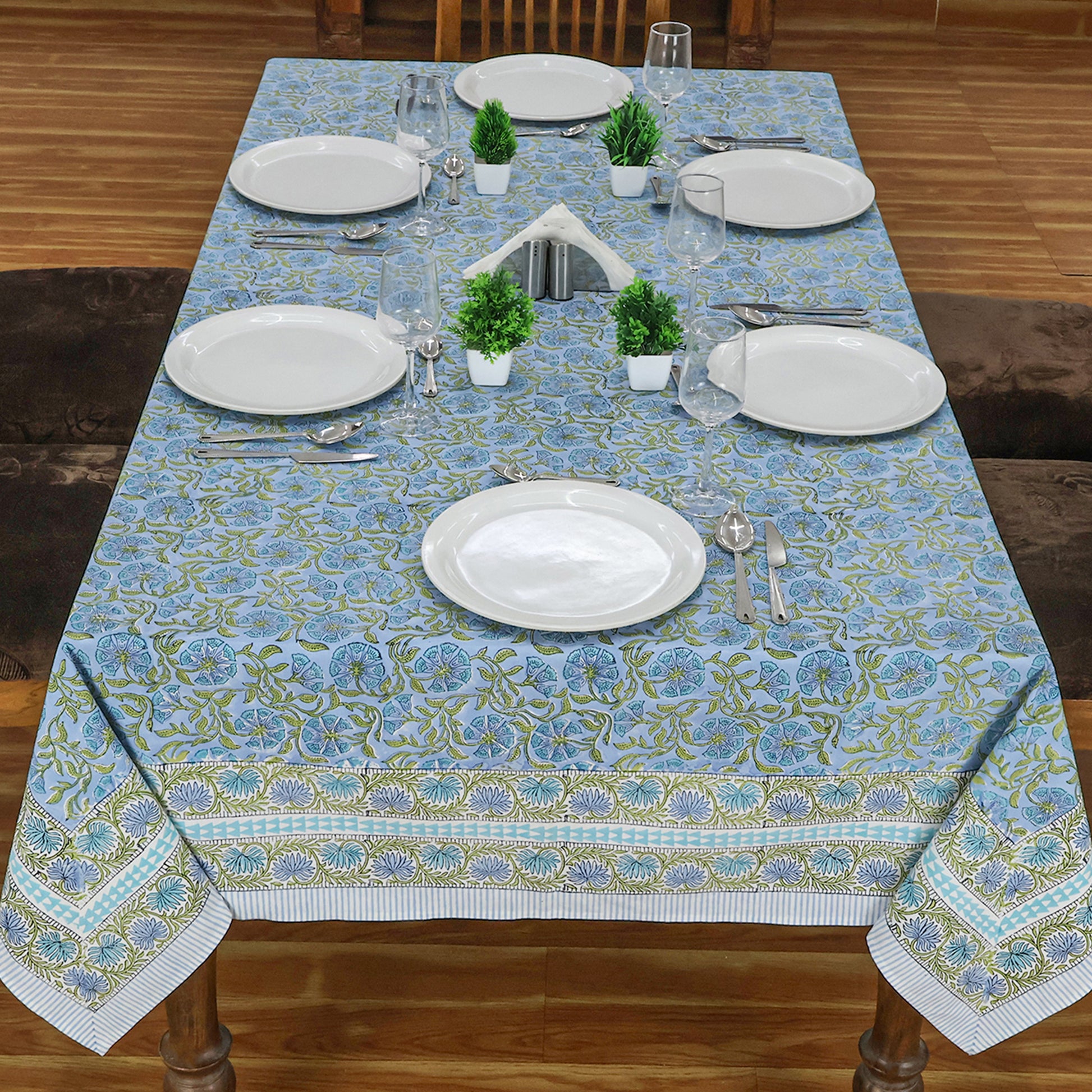 Rectangle Blue Green Hand Block Printed Floral Dinning Table Cover, Tablecloth - My Store